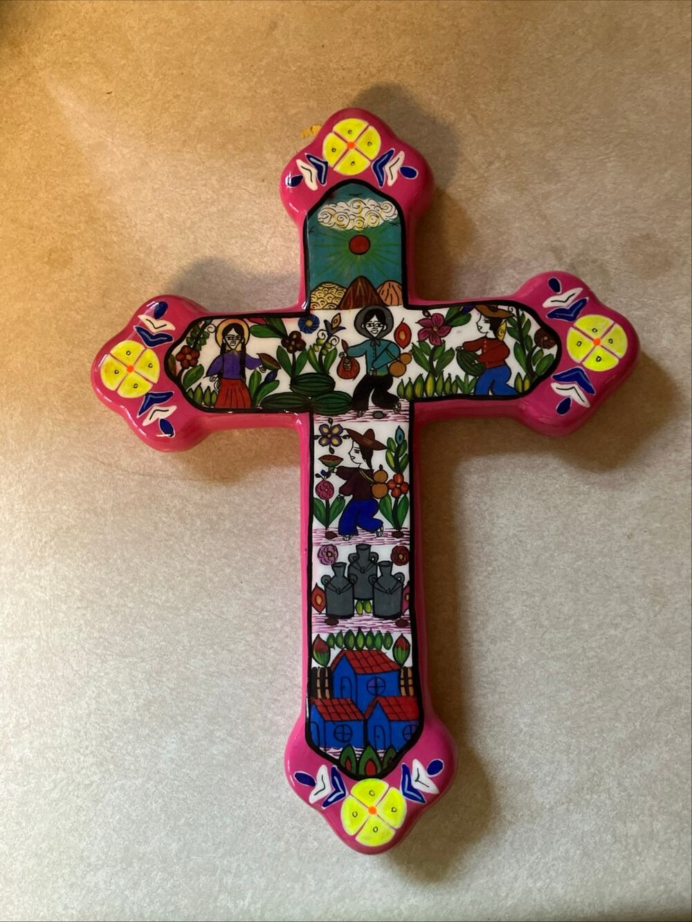 J Ascencion P Guerrero Mexico Ceramic Folk Art Cross Hand Painted Farmers